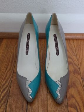 Martinez Valero Teal and Gray Pointed Toe Flats with Zigzag Detail